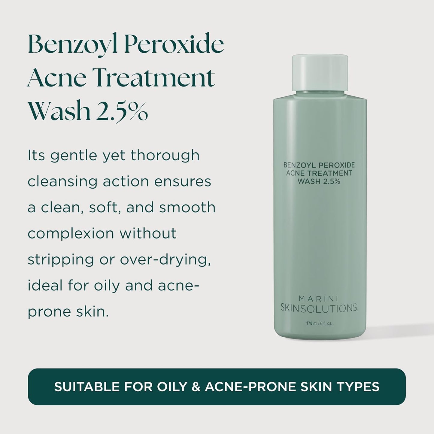 Marini SkinSolutions Benzoyl Peroxide Acne Treatment Wash 2.5% - Potent Antibacterial Face Cleanser for Oily & Acne-Prone Skin..