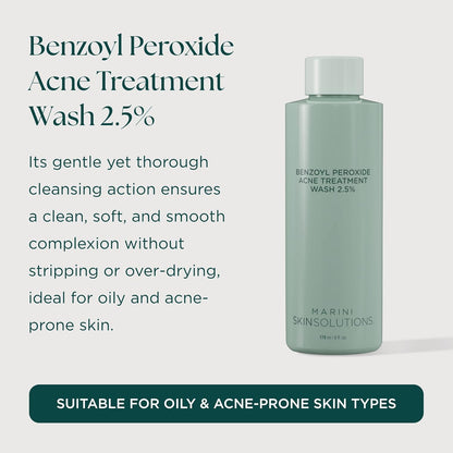 Marini SkinSolutions Benzoyl Peroxide Acne Treatment Wash 2.5% - Potent Antibacterial Face Cleanser for Oily & Acne-Prone Skin..