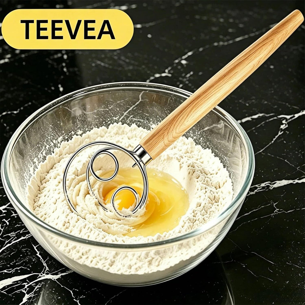 TEEVEA Danish Dough  Whisk Stainless Steel Wooden Handle for Sourdough Bread..