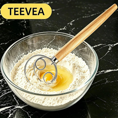 TEEVEA Danish Dough  Whisk Stainless Steel Wooden Handle for Sourdough Bread..
