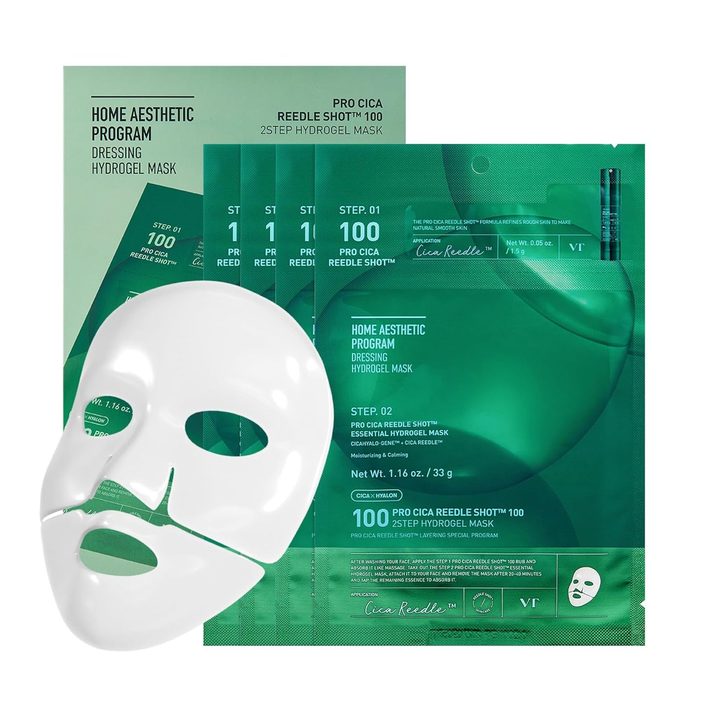 VT COSMETICS Pro Cica Reedle Shot 100 2-Step Hydrogel Mask(34.5gx4ea), Intensive Calming, Exosome Centella Asiatica..
