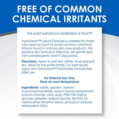 Vanicream Liquid Cleanser - 8 fl oz – Unscented, Gluten-Free Formula for Sensitive Skin (Pack 0f 1)