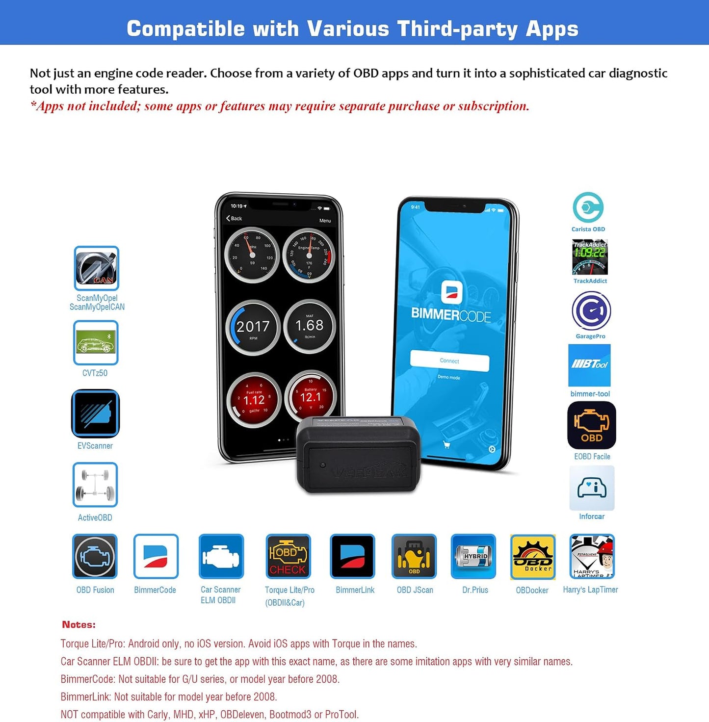 Veepeak OBDCheck BLE Bluetooth OBD II Scanner for iOS & Android..