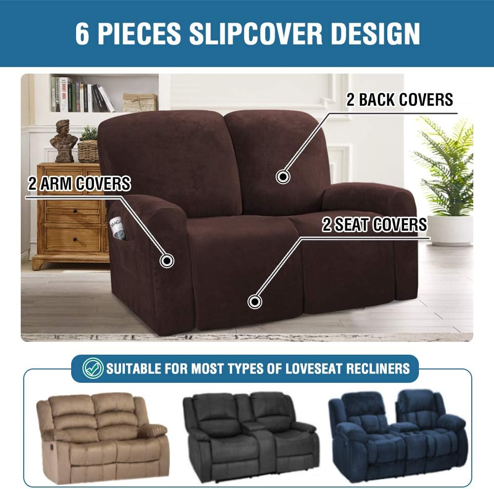 H.VERSAILTEX Velvet Stretch Recliner Couch Covers 6-Pieces Recliner Loveseat Covers for 2 Cushion Couch Recliner Sofa..