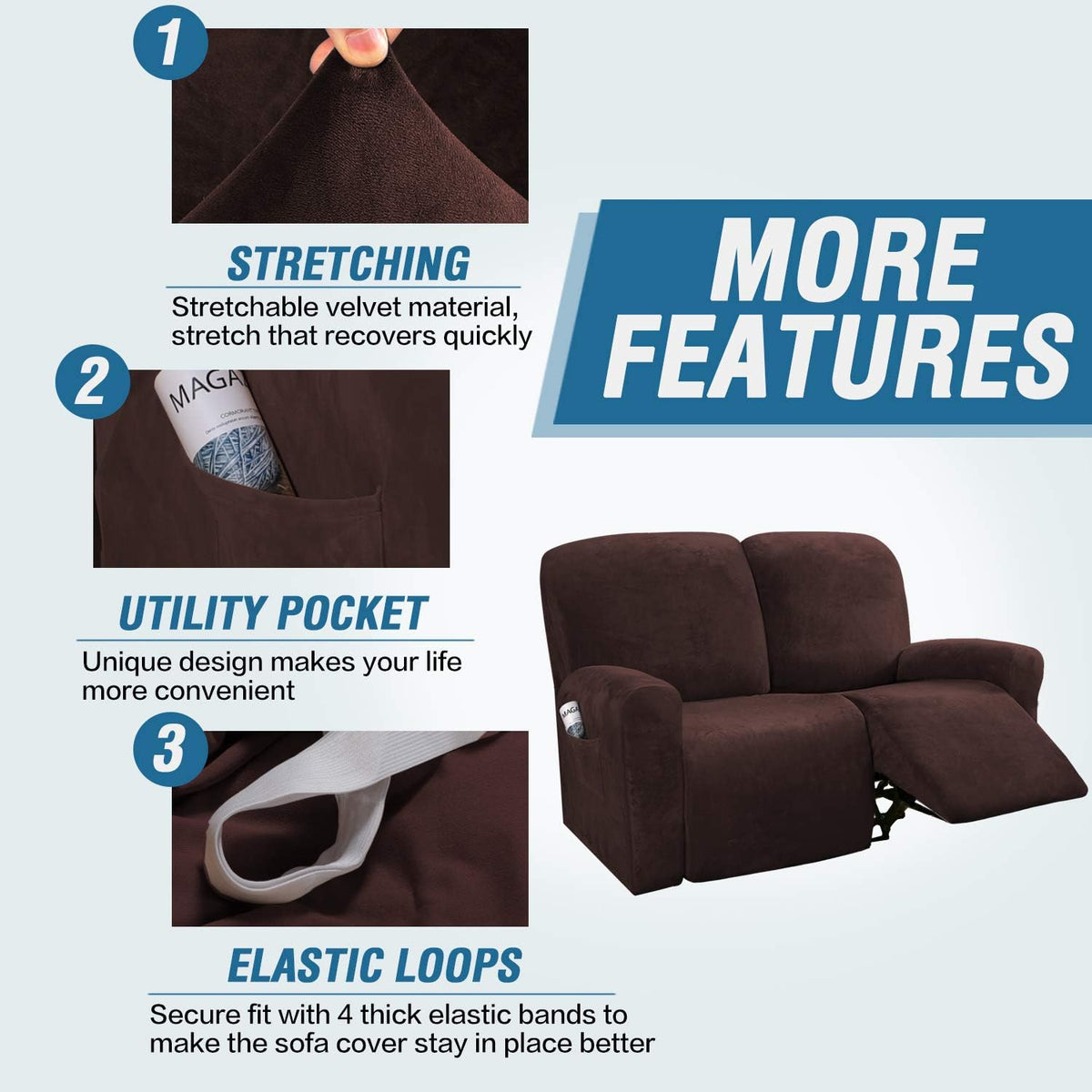 H.VERSAILTEX Velvet Stretch Recliner Couch Covers 6-Pieces Recliner Loveseat Covers for 2 Cushion Couch Recliner Sofa..