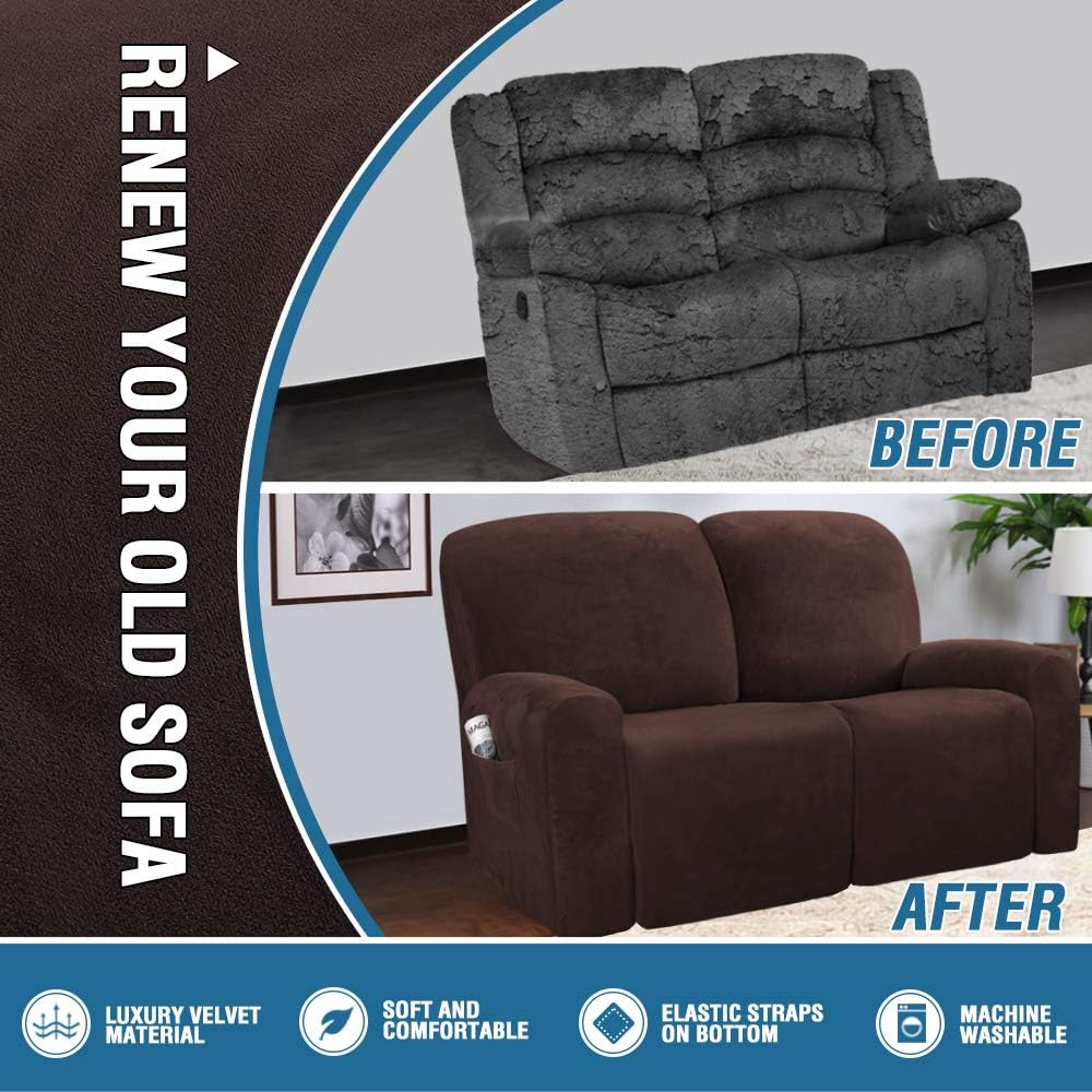 H.VERSAILTEX Velvet Stretch Recliner Couch Covers 6-Pieces Recliner Loveseat Covers for 2 Cushion Couch Recliner Sofa..
