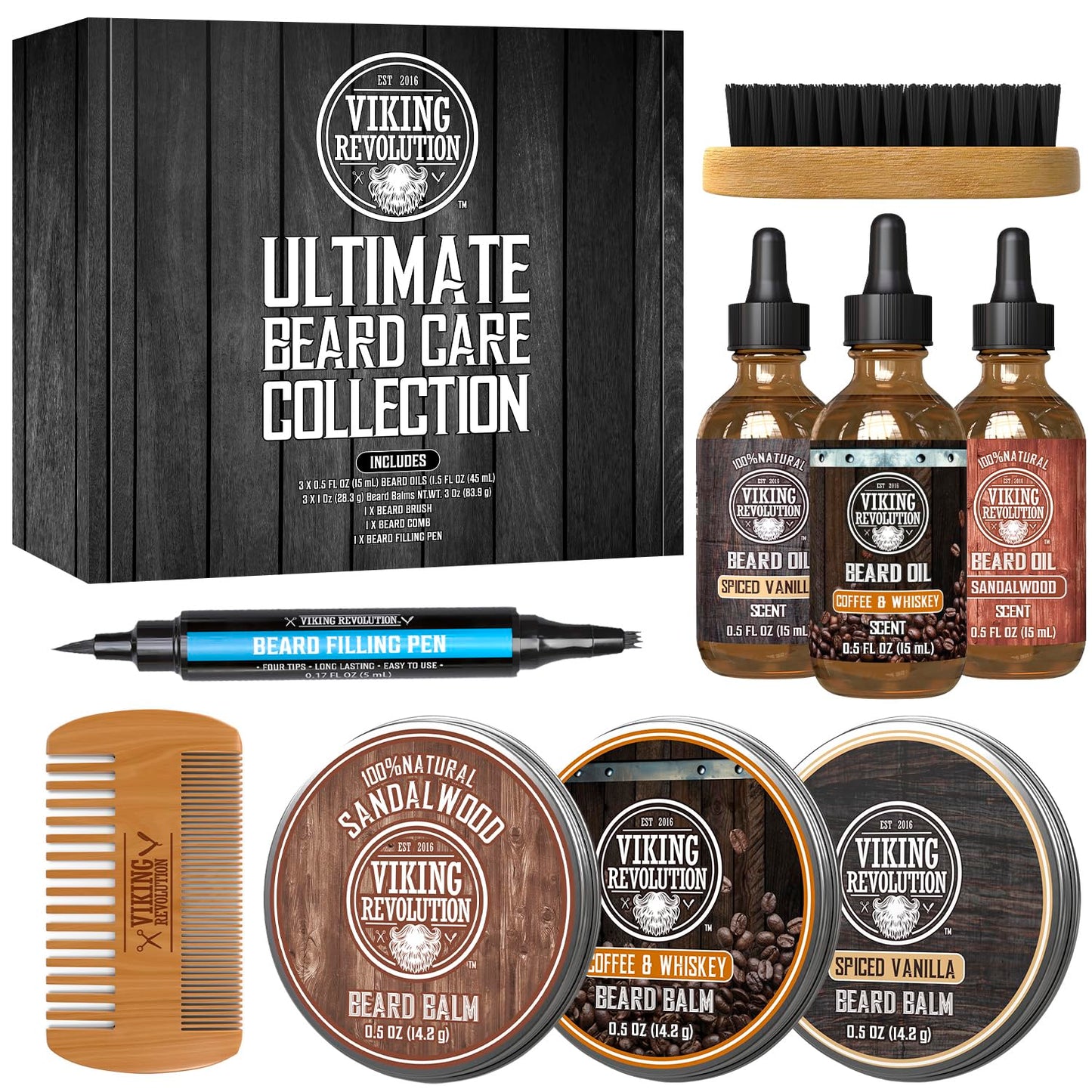Viking Revolution Ultimate Beard Care Collection - Gifts for Men Includes Oil, Balm, Brush, Comb and Pen..