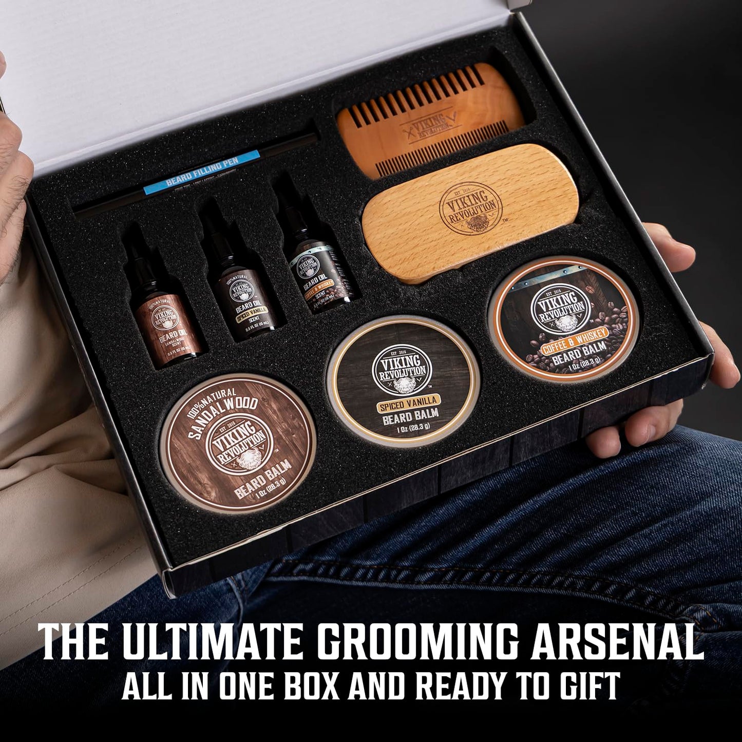 Viking Revolution Ultimate Beard Care Collection - Gifts for Men Includes Oil, Balm, Brush, Comb and Pen..