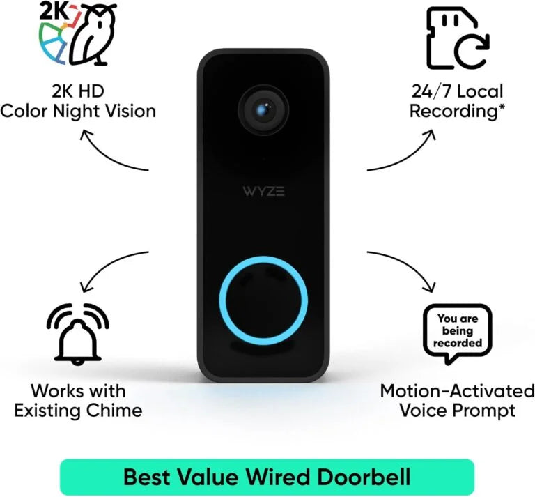 WYZE Video Doorbell v2, 2-Way Audio, 2K Video, Color Night Vision, IP65 Weather Proof