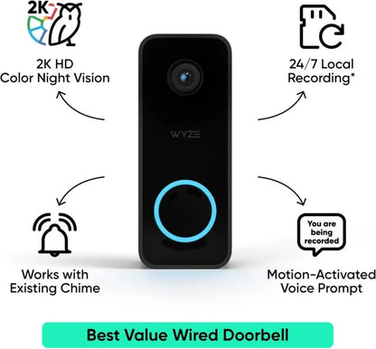 WYZE Video Doorbell v2, 2-Way Audio, 2K Video, Color Night Vision, IP65 Weather Proof