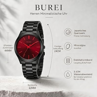 BUREI Men's Wrist Watch, Analog Stainless Steel Dress Waterproof Quartz Watch for Men with Japanese Movement