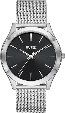 BUREI Men Watches Fashion Analog Stainless Steel Quartz Waterproof Watches,(Black, Silver, Metal)