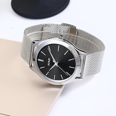 BUREI Men Watches Fashion Analog Stainless Steel Quartz Waterproof Watches,(Black, Silver, Metal)
