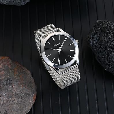 BUREI Men Watches Fashion Analog Stainless Steel Quartz Waterproof Watches,(Black, Silver, Metal)