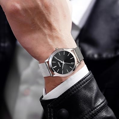 BUREI Men Watches Fashion Analog Stainless Steel Quartz Waterproof Watches,(Black, Silver, Metal)