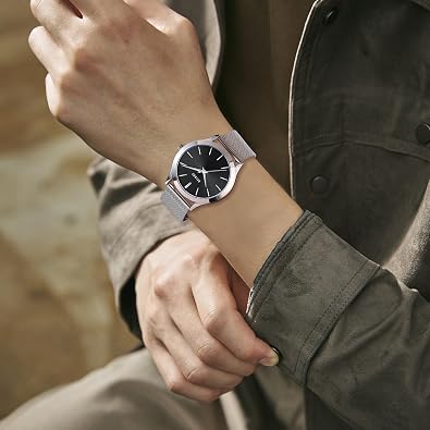 BUREI Men Watches Fashion Analog Stainless Steel Quartz Waterproof Watches,(Black, Silver, Metal)