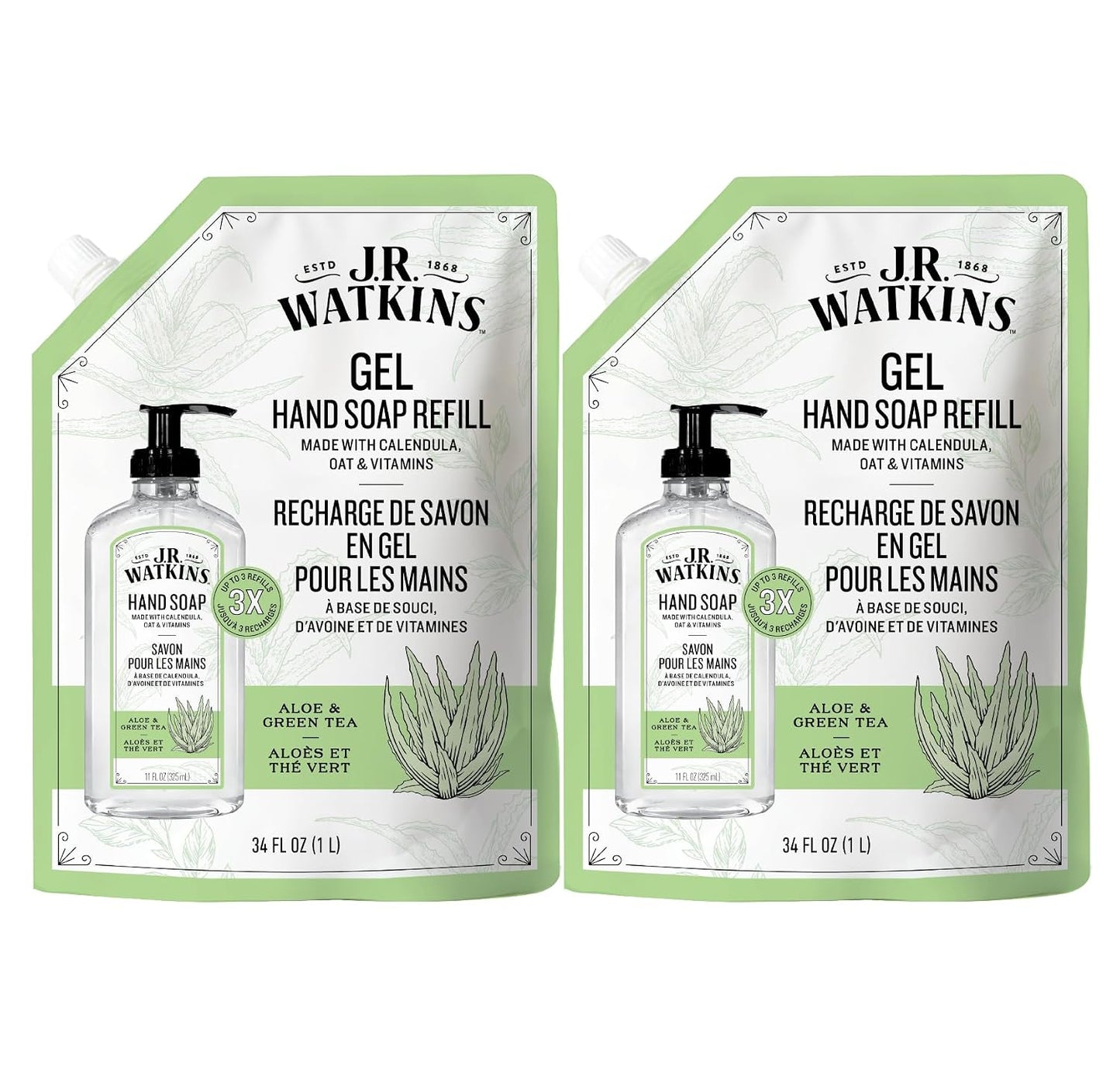 J.R. Watkins Gel Hand Soap Refill 2 Pack, Aloe & Green Tea, 34 fl oz