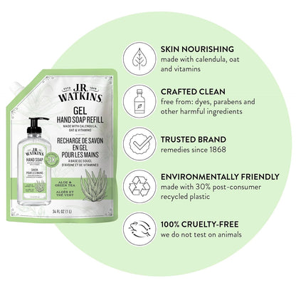J.R. Watkins Gel Hand Soap Refill 2 Pack, Aloe & Green Tea, 34 fl oz