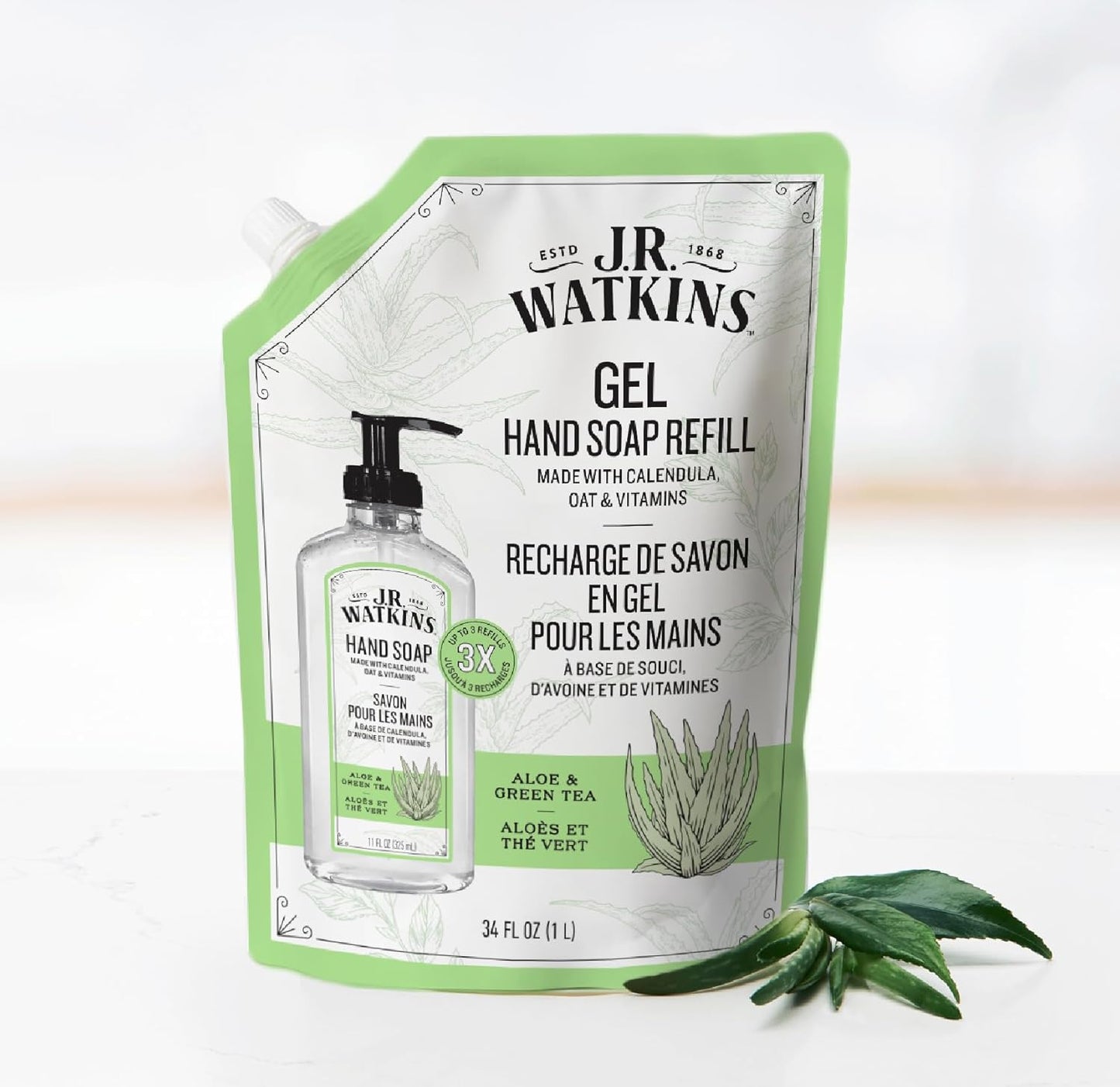 J.R. Watkins Gel Hand Soap Refill 2 Pack, Aloe & Green Tea, 34 fl oz
