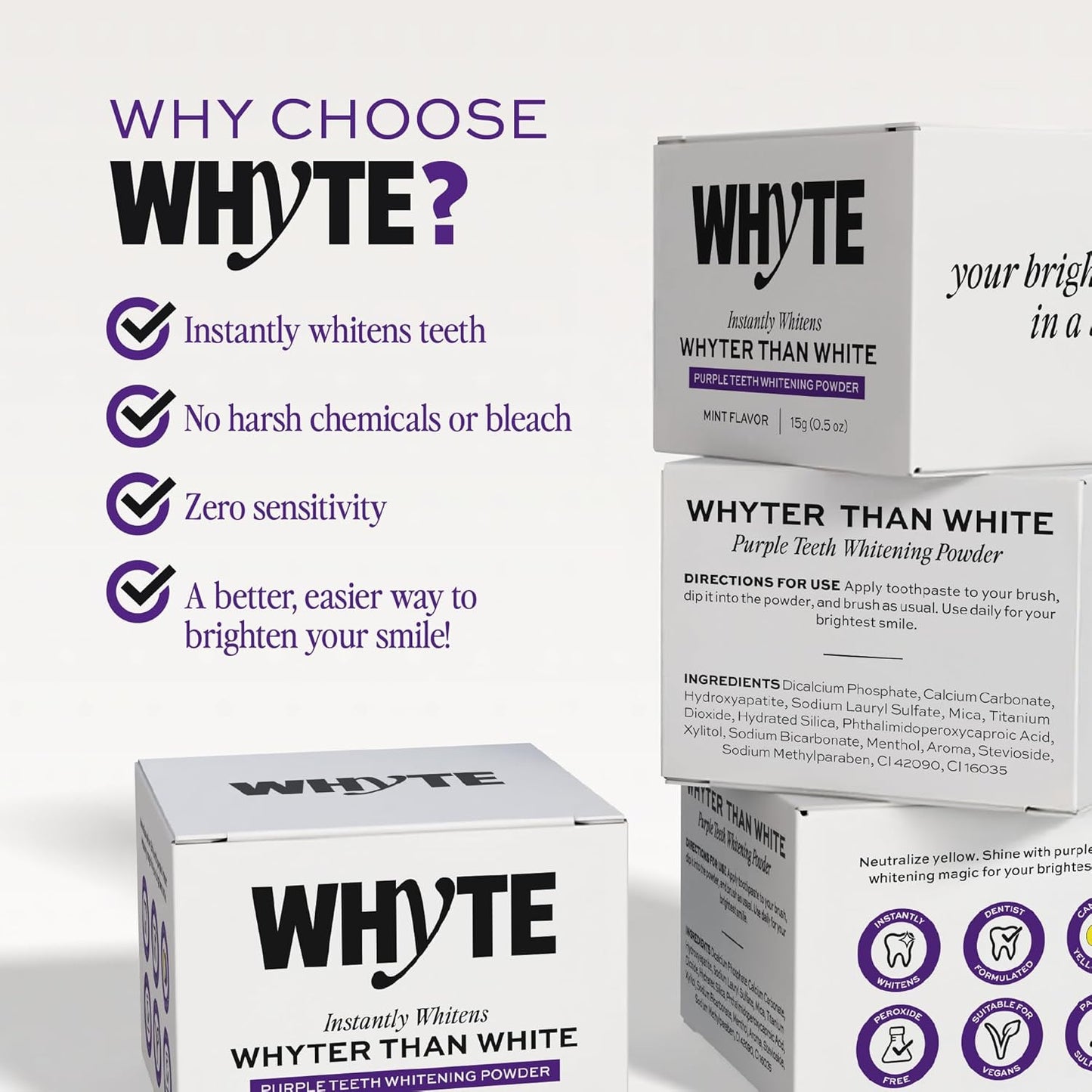 Whyte Professional Purple Teeth Whitening Powder with Xylitol & Hydroxyapatite- Remineralizing Tooth Whitener..