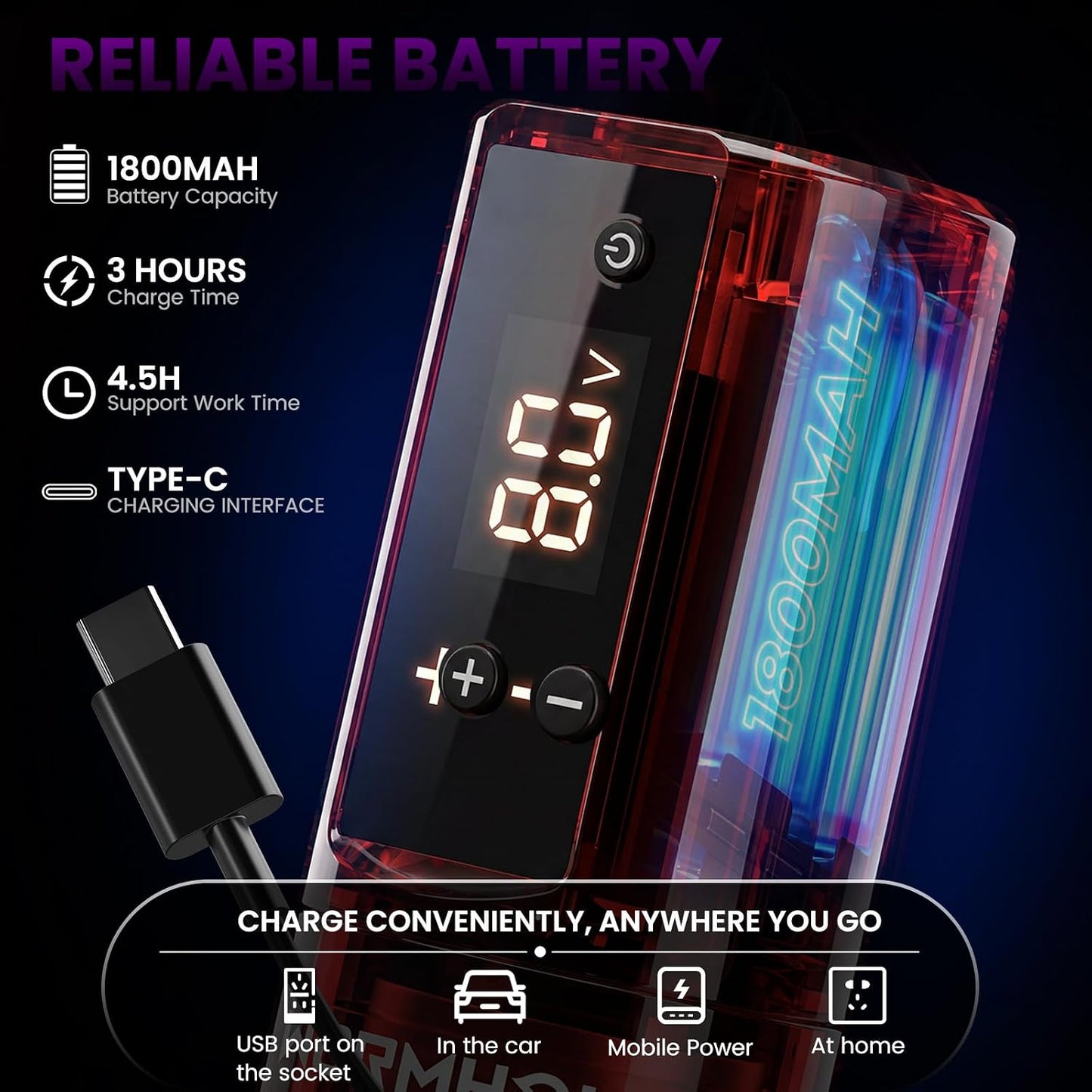 Wormhole Wireless Tattoo Gun Kit for Beginners with 1800Mah Battery