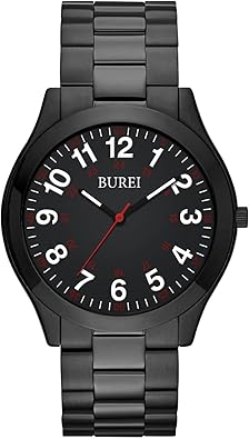BUREI Men's Wrist Watch, Analog Stainless Steel Dress Waterproof Quartz Watch (White Black-Black)