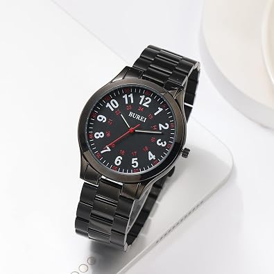 BUREI Men's Wrist Watch, Analog Stainless Steel Dress Waterproof Quartz Watch (White Black-Black)