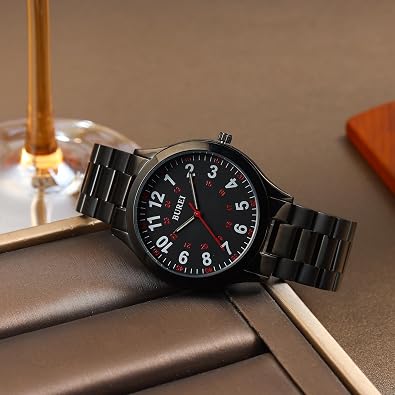 BUREI Men's Wrist Watch, Analog Stainless Steel Dress Waterproof Quartz Watch (White Black-Black)