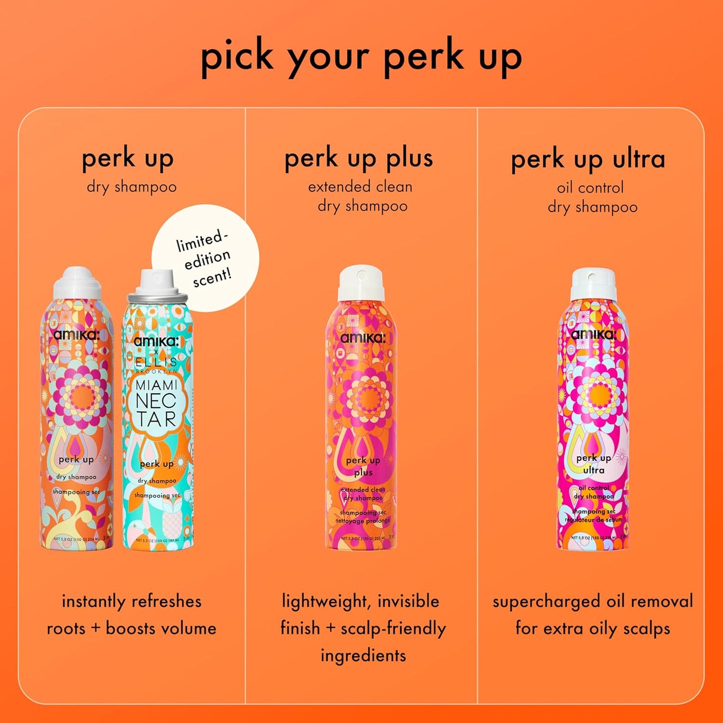 amika perk up talc-free dry shampoo | refreshes roots with a voluminous ‘oomph’ between washes, no white residue..