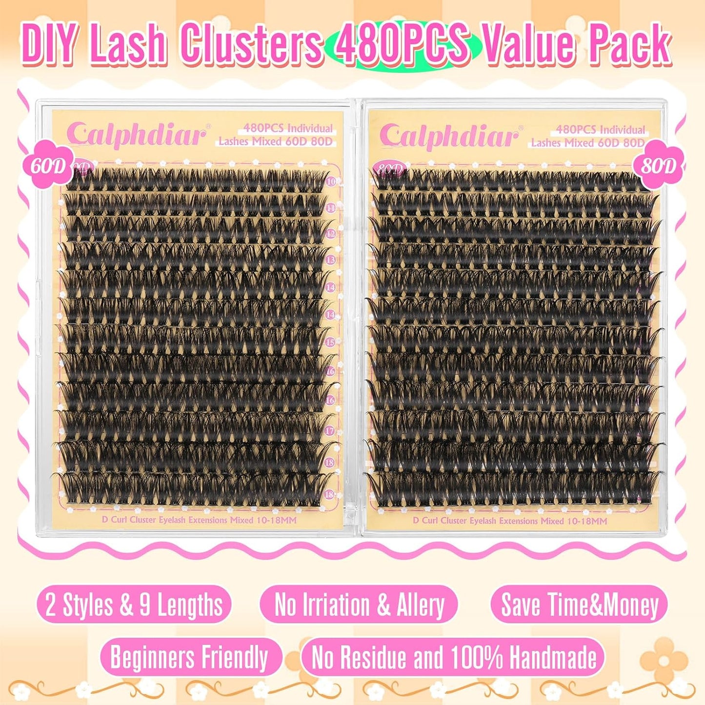 Lashes Clusters 60D+80D Thick Eyelash Clusters 480PCS Wispy Lash Clusters Eyelash Extensions Fluff..