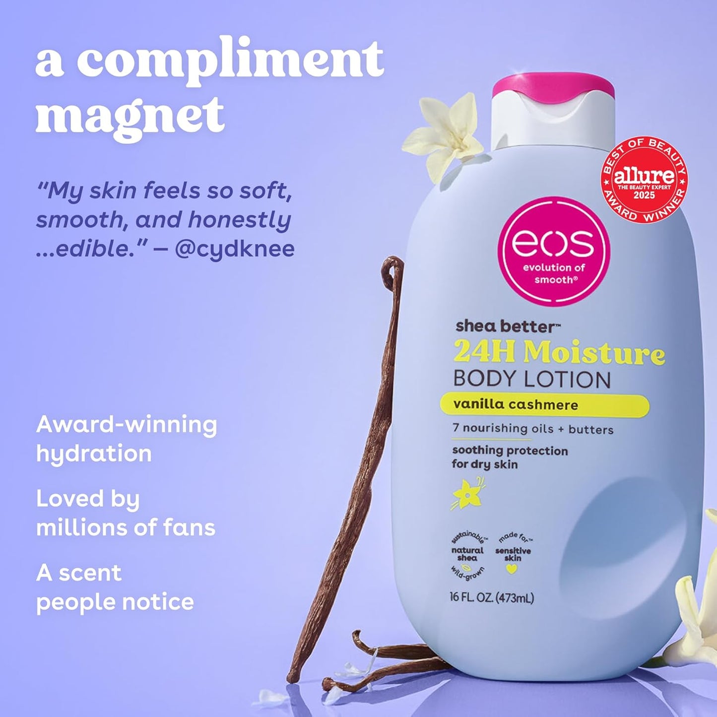 eos Shea Better Body Lotion Vanilla Cashmere, 24-Hour Moisture Skin Care, Lightweight & Non-Greasy..
