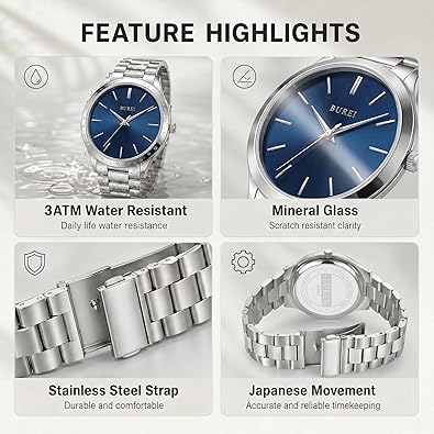 Men's Wrist Watch, Analog Stainless Steel Dress Waterproof Quartz Watch