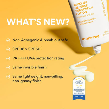 innisfree Daily UV Defense SPF 50+ PA++++ Korean Face & Body Sunscreen, Broad Spectrum, Invisible Finish..