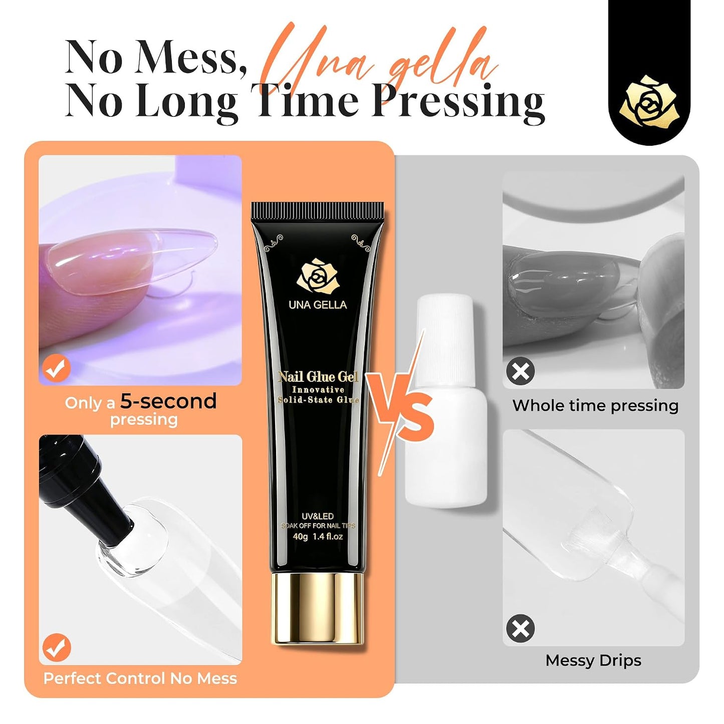 UNA GELLA Gel Nail Glue, Solid Nails Gl ue Gel 40g Lamp Curing Needed Soak Off G LUE Strong Nail G LUE G el for Acrylic Fake Nails..
